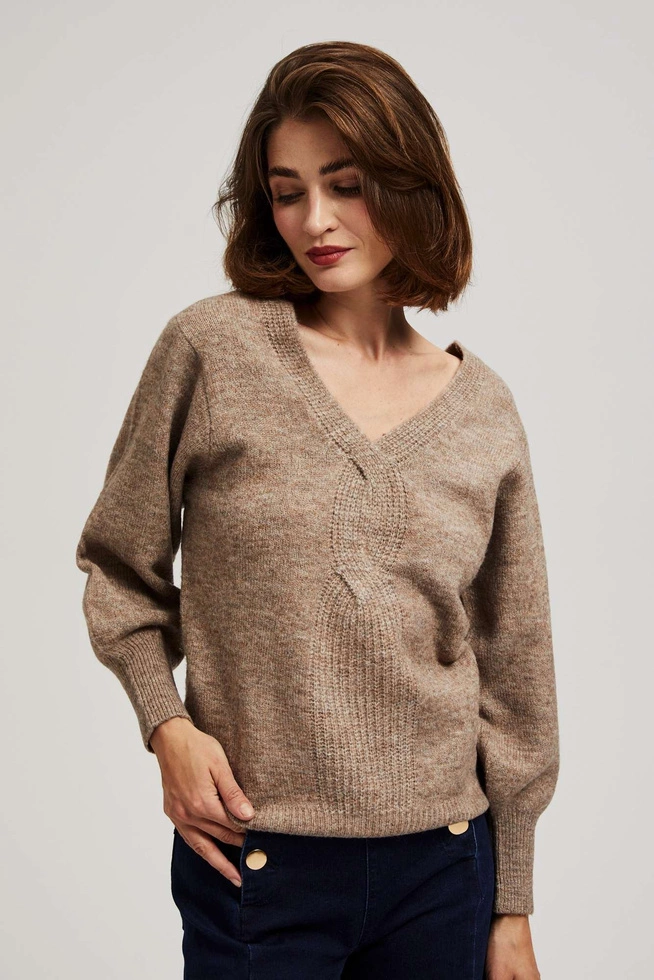 Sweter z dekoltem w serek ciemnobeżowy