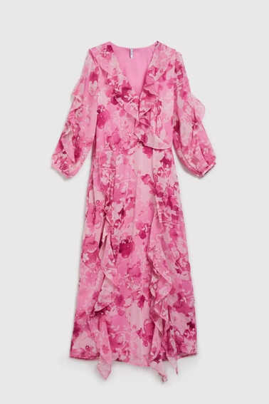 Sukienka z falbanami i kwiatowym wzorem różowa
