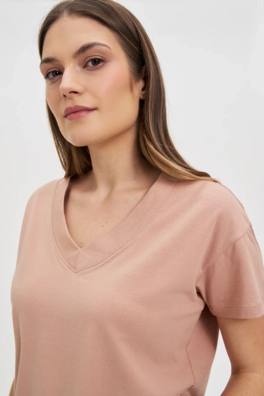 Bawełniany t-shirt z dekoltem w serek beżowy