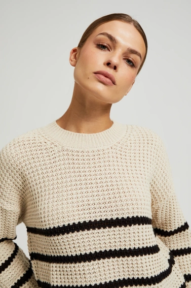 Sweter w paski z okrągłym dekoltem ciemnobeżowy