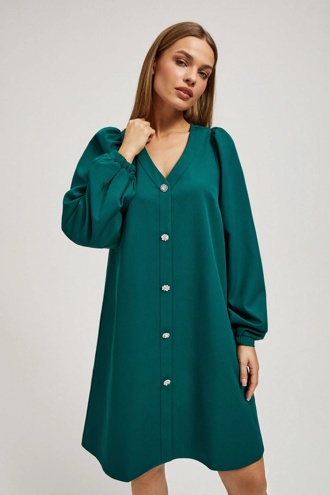 Sukienka z bufiastymi rękawami i ozdobnymi guzikami szmaragdowa