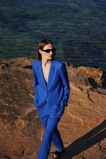 Lniana marynarka z rękawami 3/4 niebieska