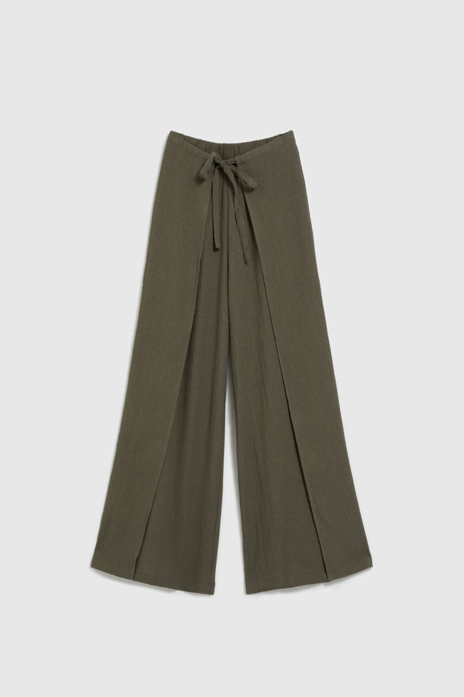 Spodnie z szerokimi nogawkami i gumą w talii oliwkowe