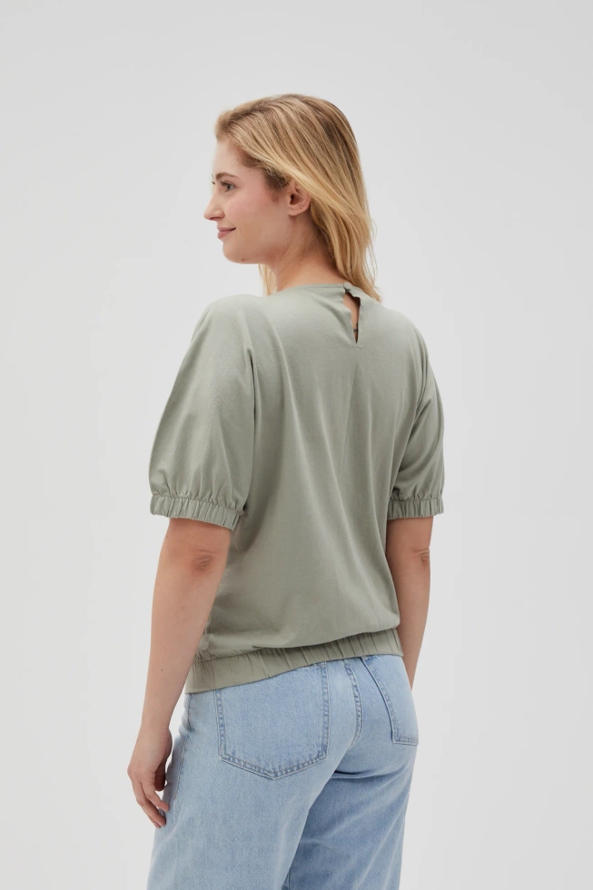 Bawełniana bluzka z bufiastymi rękawami oliwkowa
