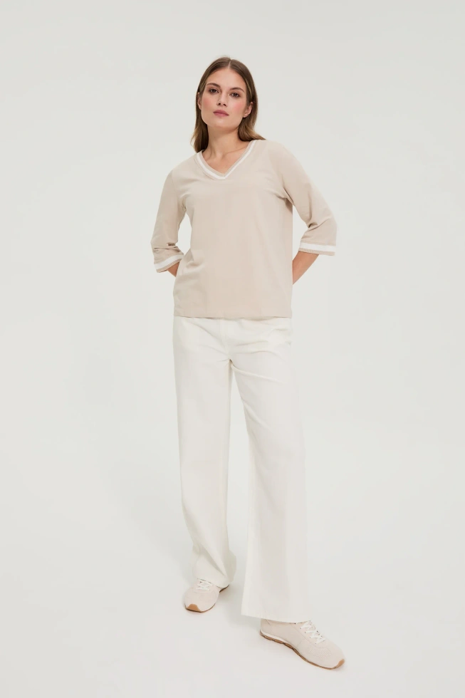 Bawełniana bluzka z dekoltem w serek beżowa