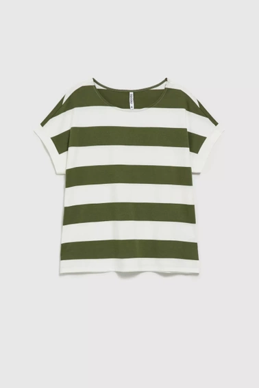 Bluzka w szerokie pasy z krótkimi rękawami khaki