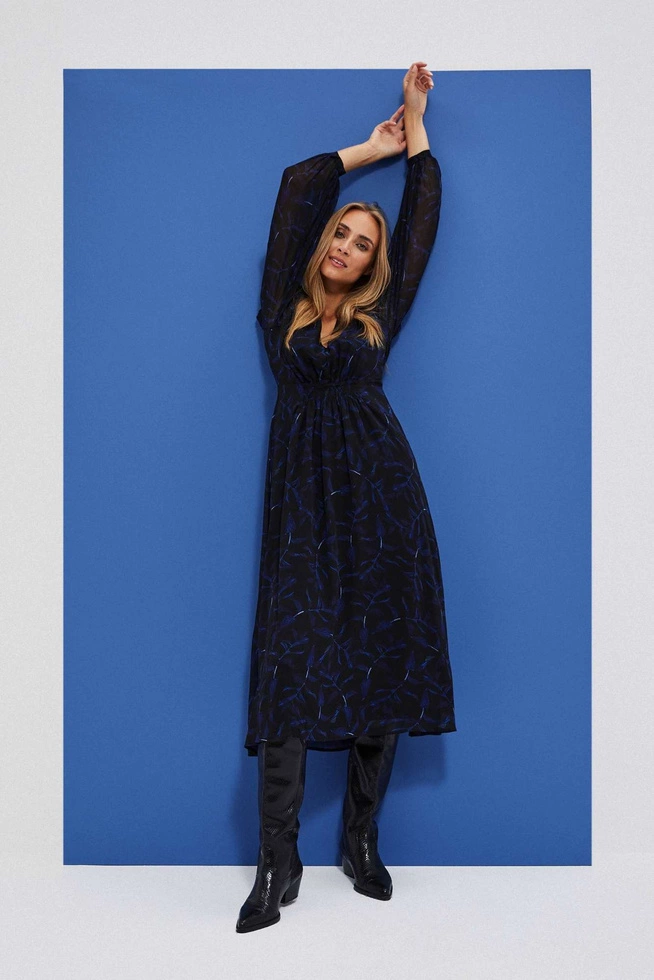 Sukienka midi z printem i bufiastymi rękawami czarna