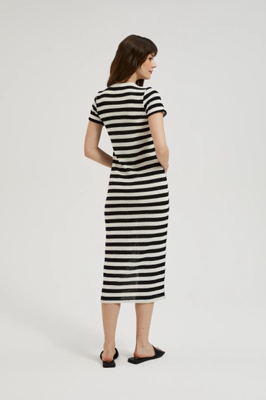 Sukienka w paski zapinana na guziki czarno-beżowa