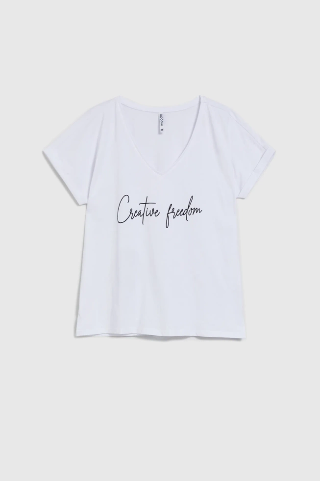 Bluzka z dekoltem w serek i napisem biała