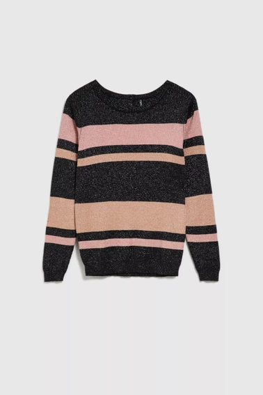Sweter w paski z metaliczną nitką i okrągłym dekoltem czarny