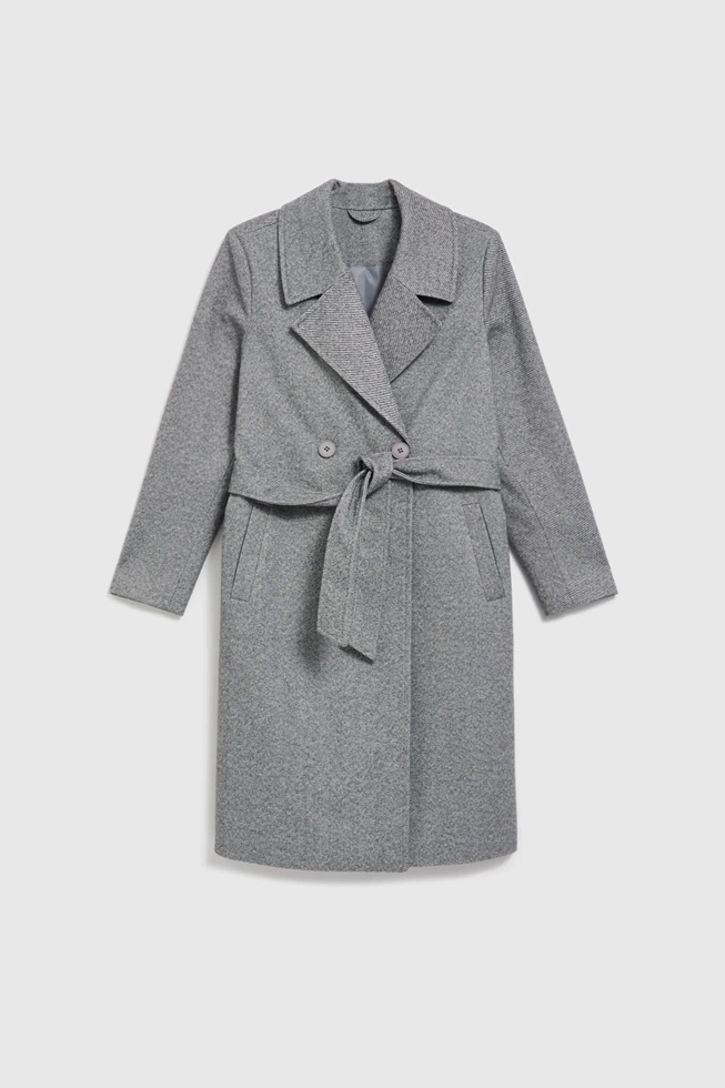 Dwurzędowy płaszcz z paskiem szary