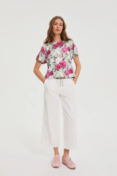 Bluzka w kwiaty z wiązaniem oliwkowa