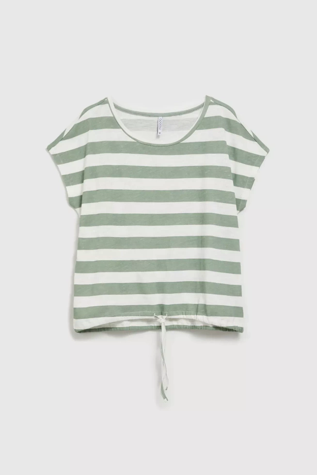 Bluzka w paski z okrągłym dekoltem oliwkowa