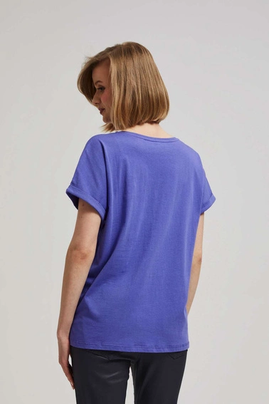 Bawełniany t-shirt z dekoltem w serek fioletowy