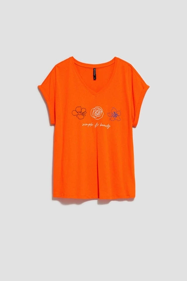 T-shirt z dekoltem w serek i nadrukiem pomarańczowy