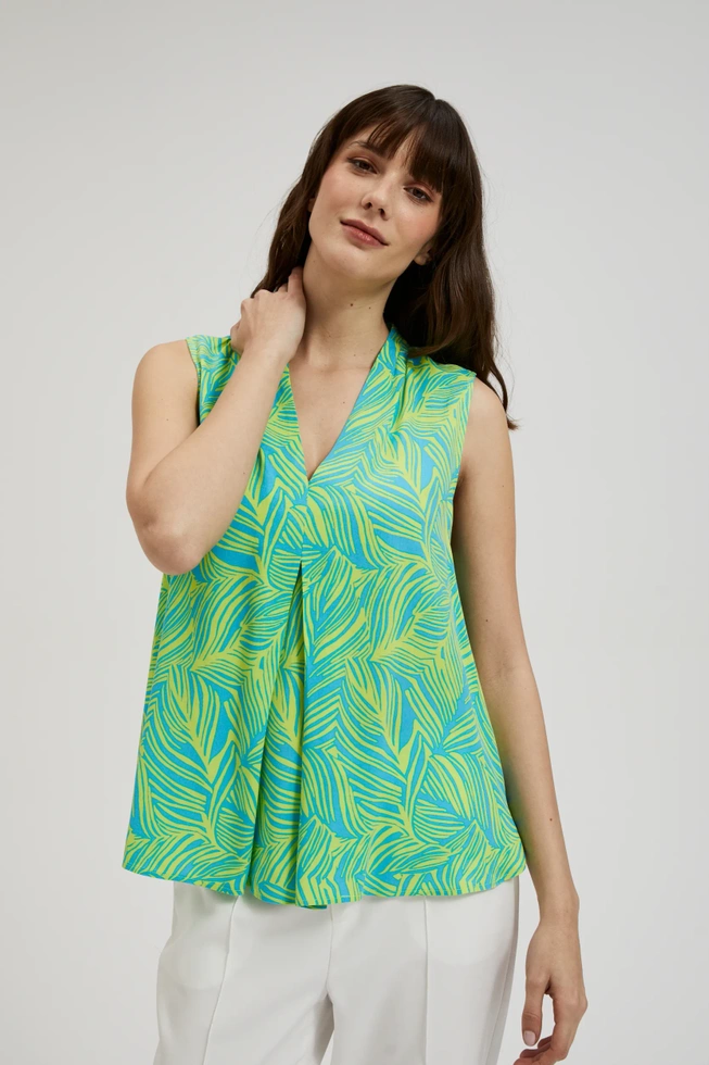 Koszula z dekoltem w serek z tropikalnym wzorem turkusowa