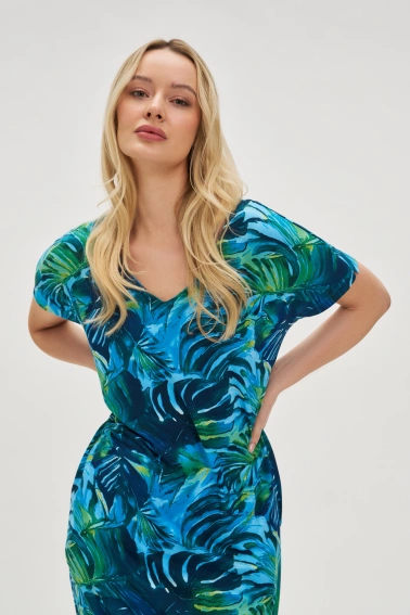 Sukienka z tropikalnym printem niebieska