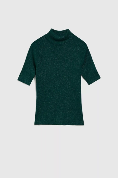 Sweter z golfem ozdobiony metaliczną nitką szmaragdowy