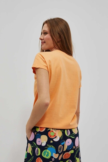 T-shirt z nadrukiem i dekoltem w serek brzoskwiniowy