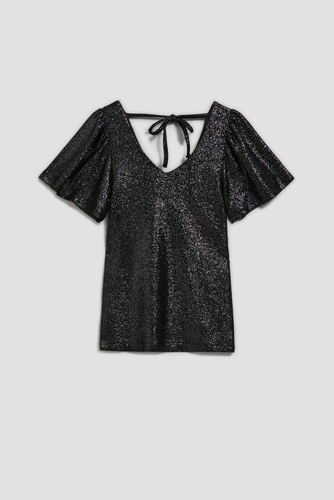 Bluzka z dekoltem w serek i bufiastymi krótkimi rękawami czarna