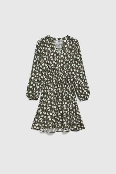 Rozkloszowana sukienka w kwiaty oliwkowa 