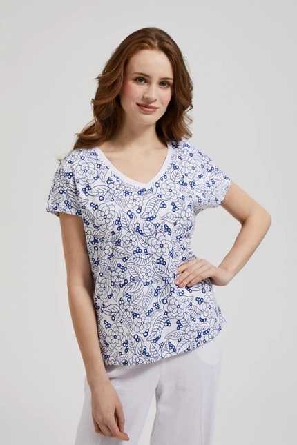 Bluzka biała w kwiatowy wzór z dekoltem w serek