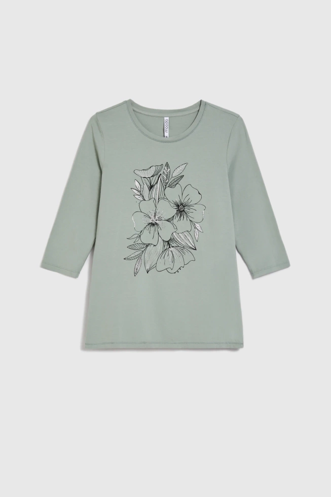 Bluzka z nadrukiem w kwiaty oliwkowa