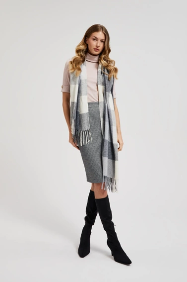 Szal w kratę z frędzlami szary