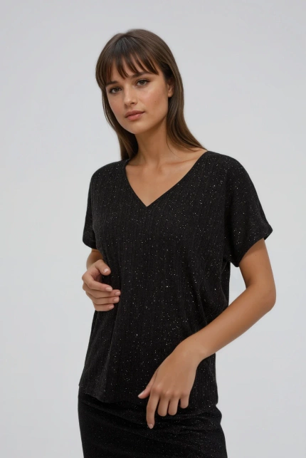 Błyszcząca bluzka z wiązaniem na plecach czarna