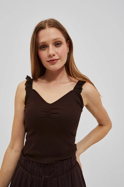 Top z ozdobnymi ramiączkami ciemnbrązowy