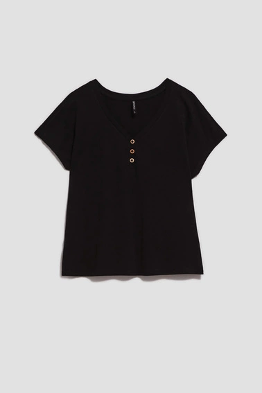 T-shirt z dekoltem w serek z guzikami czarny