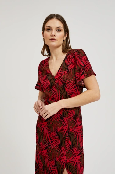 Sukienka z dekoltem w serek i tropikalnym printem czerwona