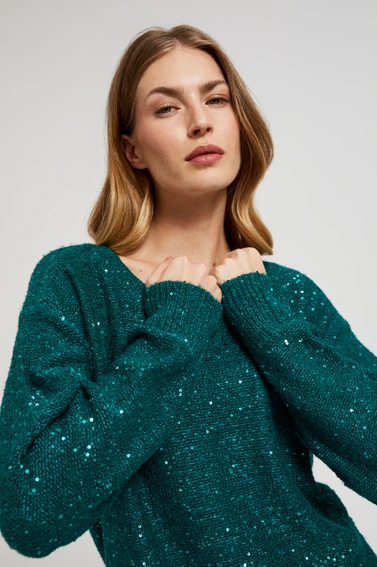 Sweter z cekinami i okrągłym dekoltem zielony