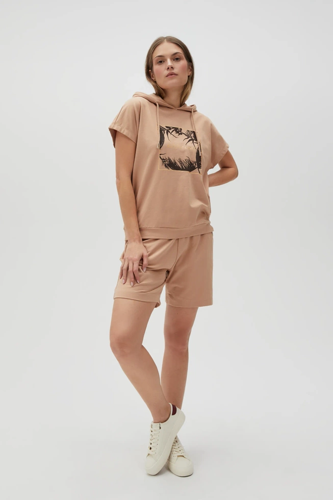 Bluza z kapturem i krótkimi rękawami beżowa