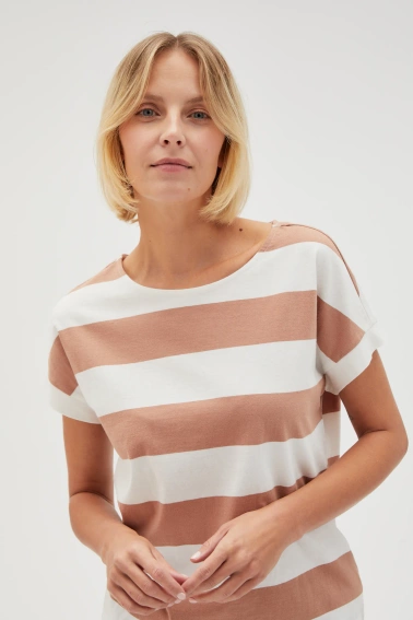 Bluzka w paski z krótkimi rękawami beżowa