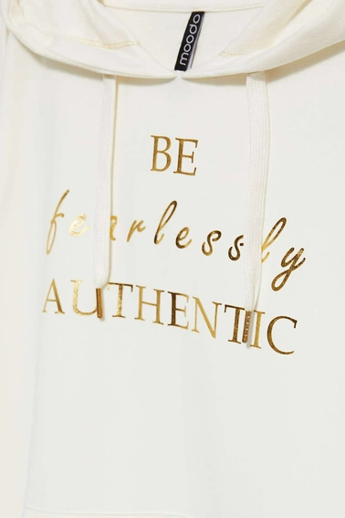 Bluza z kapturem i ozdobnym napisem perłowa