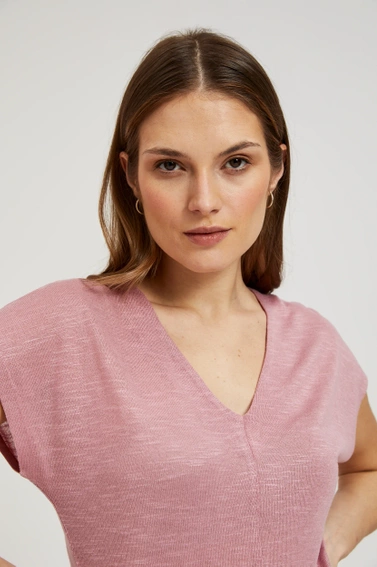 Gładka bluzka z dekoltem i krótkimi rękawami różowa