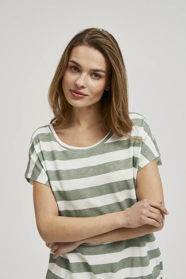 Bluzka w paski z okrągłym dekoltem oliwkowa