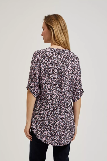 Koszula z kwiatowym printem i podwijanymi rękawami granatowa