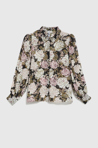Plisowana koszula z kwiatowym wzorem i bufiastymi rękawami czarna