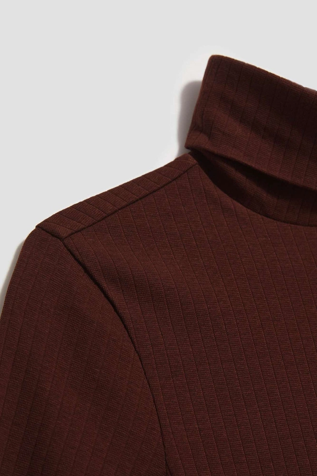 Prążkowana bluzka z golfem brązowa