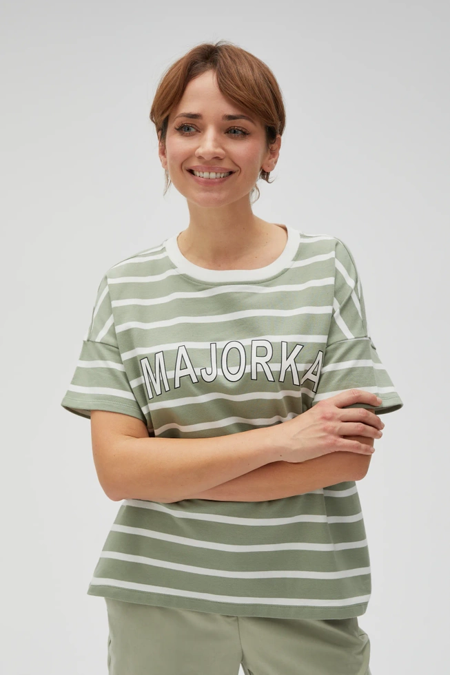 Bluza w paski z napisem oliwkowa