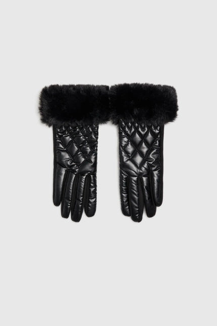 Pikowane rękawiczki z futerkiem czarne