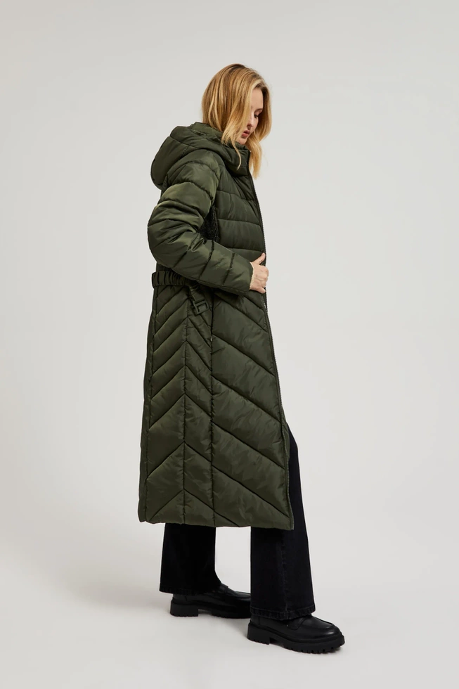 Pikowana kurtka z paskiem oliwkowa