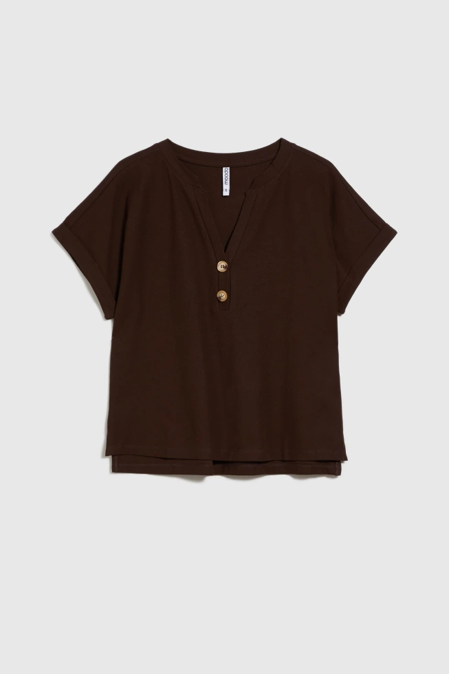 Bluzka z guzikami na dekolcie brązowa