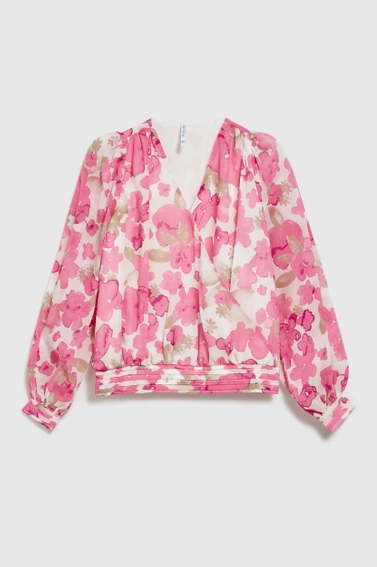 Koszula w kwiaty z bufiastymi rękawami różowa