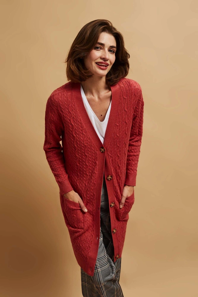 Długi kardigan malinowy