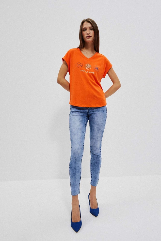 T-shirt z dekoltem w serek i nadrukiem pomarańczowy