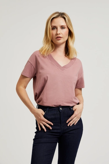 T-shirt z dekoltem w serek różowy