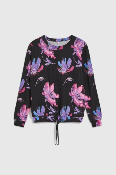 Sweter w kwiaty z długimi rękawami fioletowy